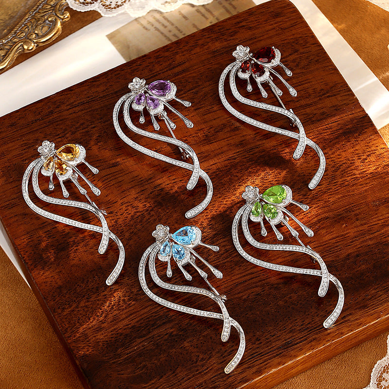 Baroque Style 925 Sterling Silver Pin For Women With Natural Stone Inlay And Tassel Craftsmanship