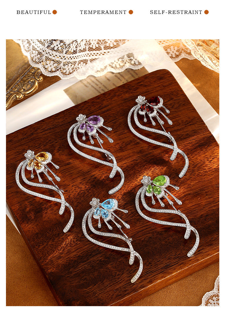 Baroque Style 925 Sterling Silver Pin For Women With Natural Stone Inlay And Tassel Craftsmanship