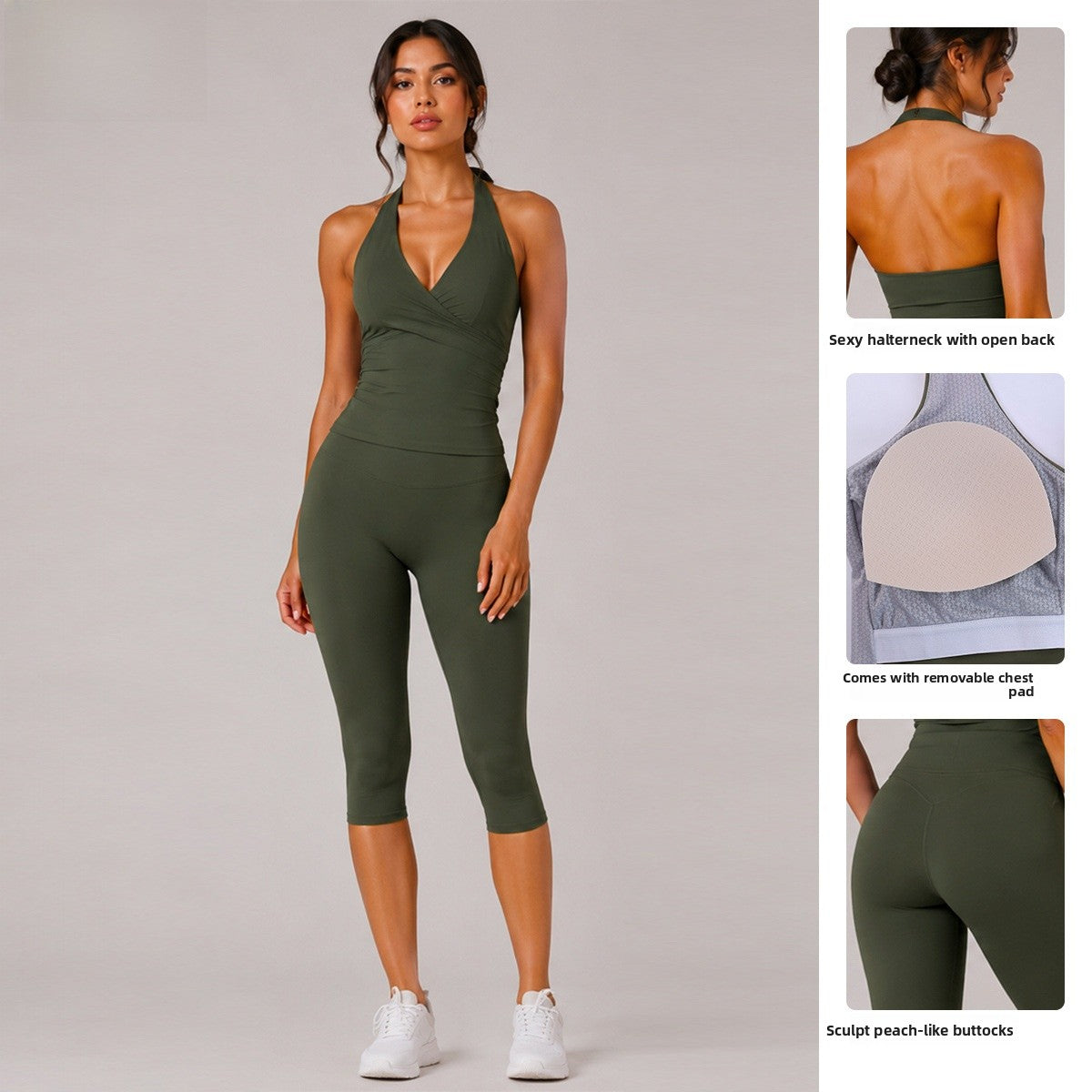 Solid Color Sport Yoga Calf-Length Pants In Nylon Fabric Featuring A Backless Design, Sleeveless For Women