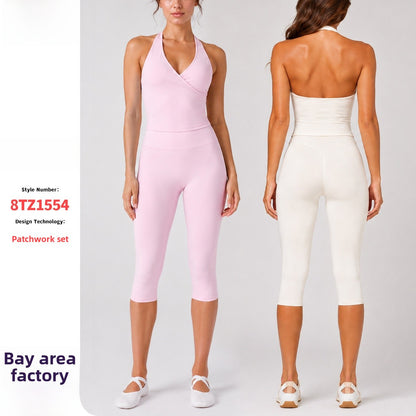 Solid Color Sport Yoga Calf-Length Pants In Nylon Fabric Featuring A Backless Design, Sleeveless For Women