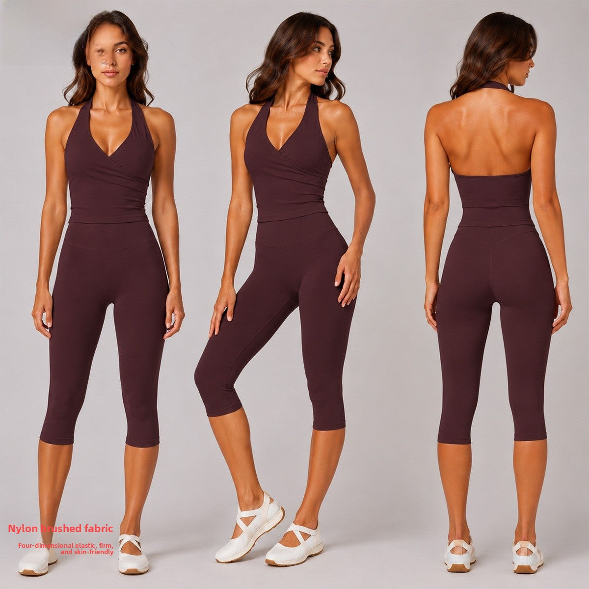 Solid Color Sport Yoga Calf-Length Pants In Nylon Fabric Featuring A Backless Design, Sleeveless For Women