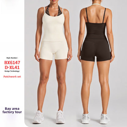 Color Block Sport Yoga Shorts For Women In Nylon Fabric Featuring A Backless Design With Stretchy Fit