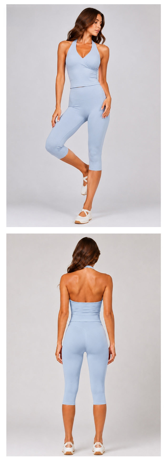Solid Color Sport Yoga Calf-Length Pants In Nylon Fabric Featuring A Backless Design, Sleeveless For Women