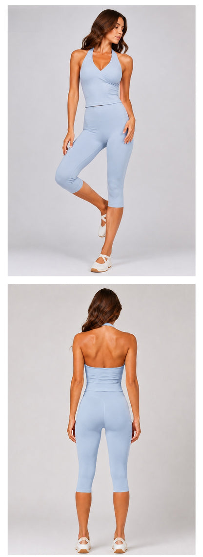 Solid Color Sport Yoga Calf-Length Pants In Nylon Fabric Featuring A Backless Design, Sleeveless For Women