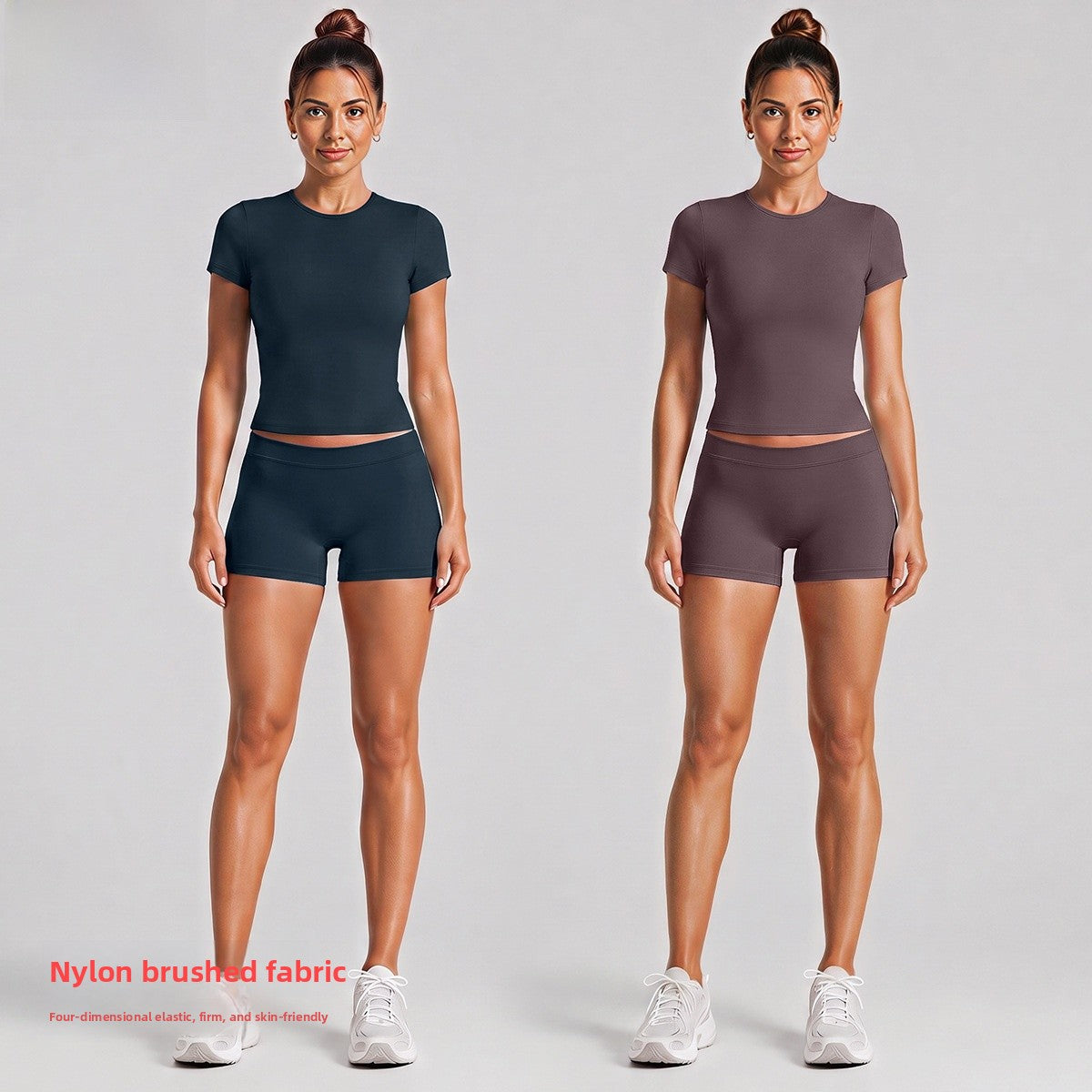 Sport Running Shorts For Women In Stretchy Nylon Fabric With Short Sleeve, Perfect For Summer