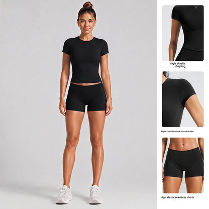 Sport Running Shorts For Women In Stretchy Nylon Fabric With Short Sleeve, Perfect For Summer