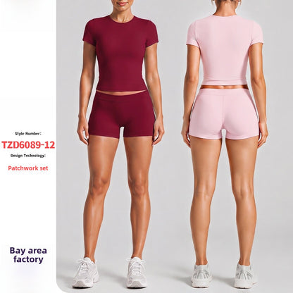 Sport Running Shorts For Women In Stretchy Nylon Fabric With Short Sleeve, Perfect For Summer