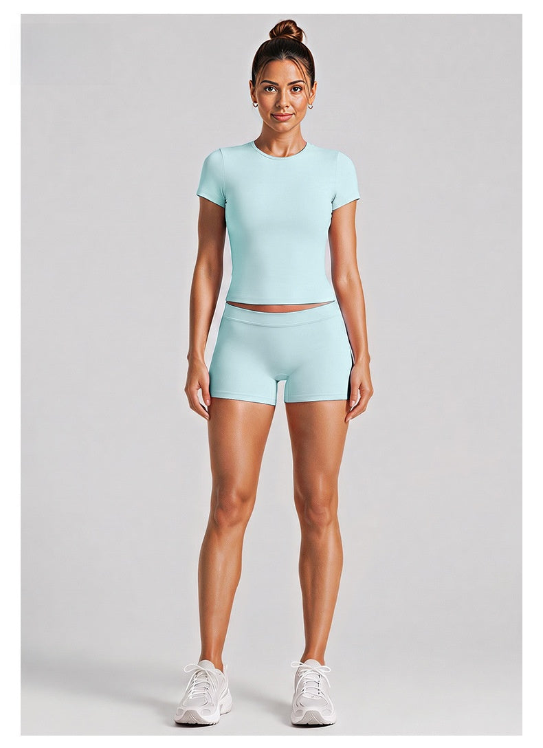 Sport Running Shorts For Women In Stretchy Nylon Fabric With Short Sleeve, Perfect For Summer