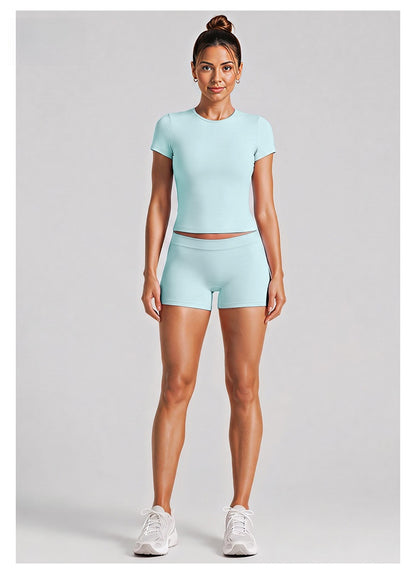 Sport Running Shorts For Women In Stretchy Nylon Fabric With Short Sleeve, Perfect For Summer
