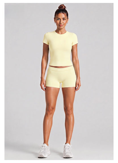 Sport Running Shorts For Women In Stretchy Nylon Fabric With Short Sleeve, Perfect For Summer