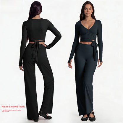 Full Length Sport Yoga Jumpsuit For Women In Stretchy Nylon Fabric Featuring Criss Cross Design With Long Sleeves