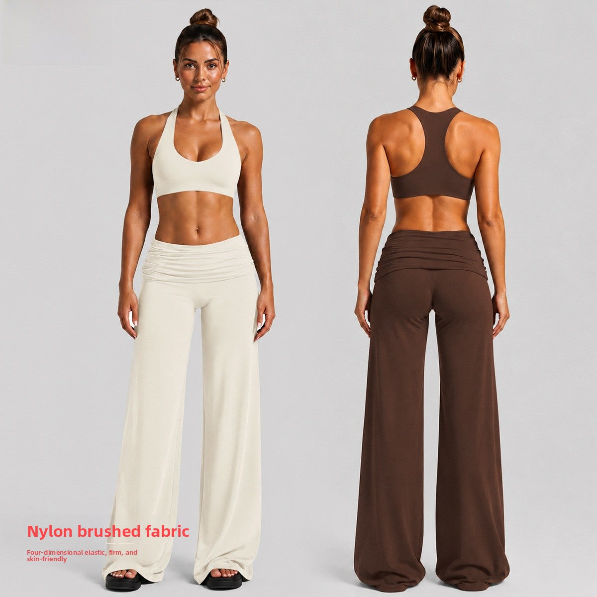 Solid Color Full Length Sport Running Jumpsuit For Women In Nylon Fabric With Wide Leg Pants Design And High Elasticity