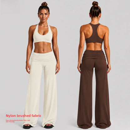 Solid Color Full Length Sport Running Jumpsuit For Women In Nylon Fabric With Wide Leg Pants Design And High Elasticity