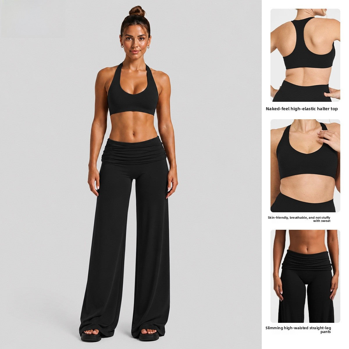 Solid Color Full Length Sport Running Jumpsuit For Women In Nylon Fabric With Wide Leg Pants Design And High Elasticity