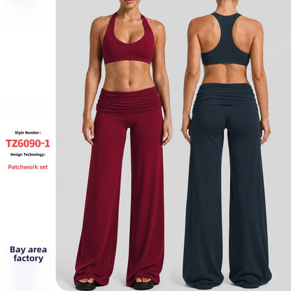 Solid Color Full Length Sport Running Jumpsuit For Women In Nylon Fabric With Wide Leg Pants Design And High Elasticity