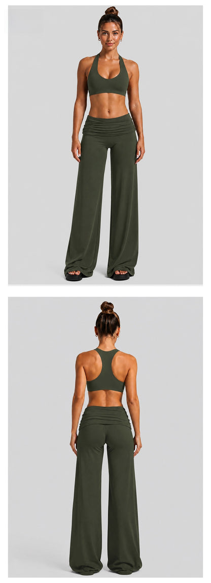 Solid Color Full Length Sport Running Jumpsuit For Women In Nylon Fabric With Wide Leg Pants Design And High Elasticity