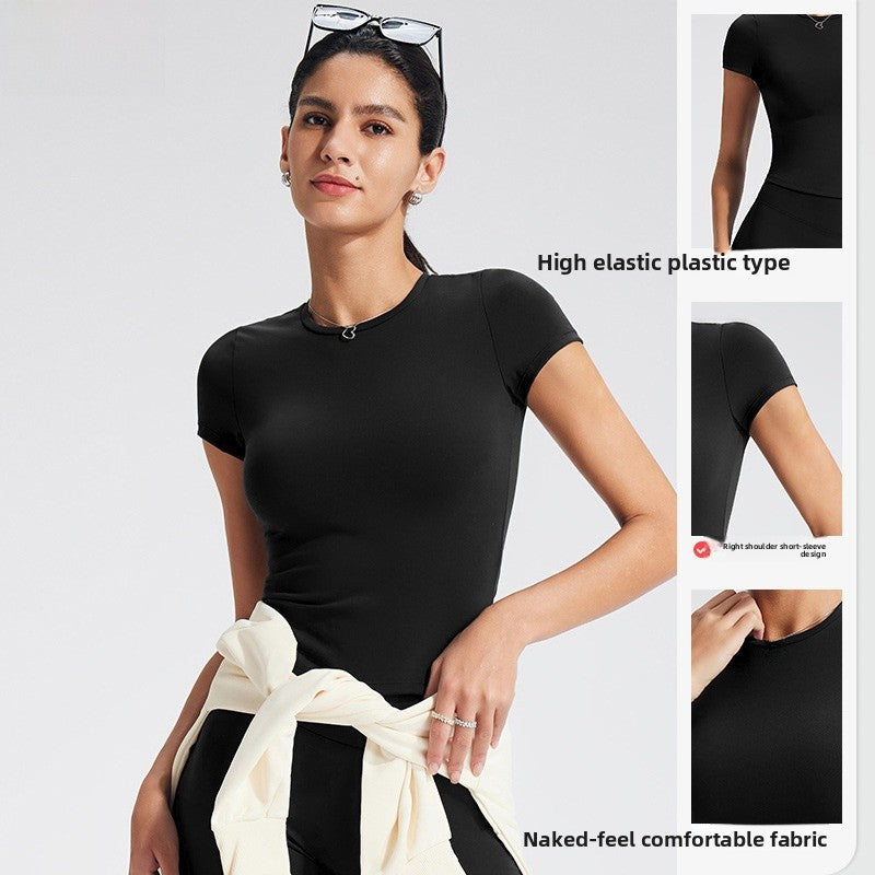 Solid Color Women's Nylon T-shirt In White With Short Sleeves, Pullover Style Yoga Top
