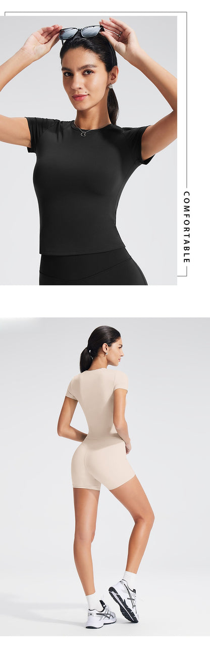 Solid Color Women's Nylon T-shirt In White With Short Sleeves, Pullover Style Yoga Top