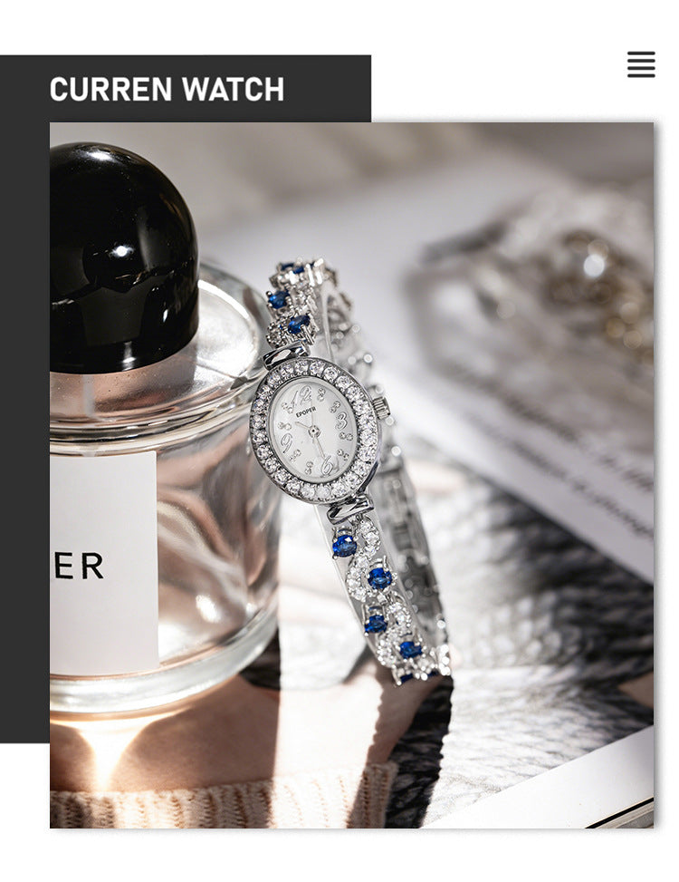 Women's Quartz Watch With Oval Dial, Metal Strap Featuring Jewelry Buckle And Tempered Glass Mirror