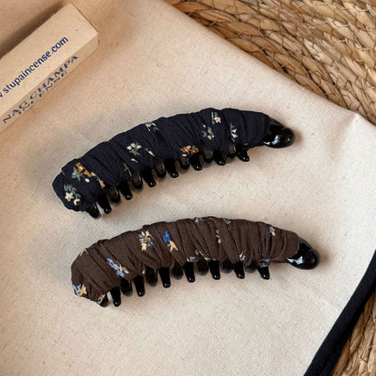 Ditsy Floral Banana Clip Hairpin For Women, Made Of Cloth In Coffer Color