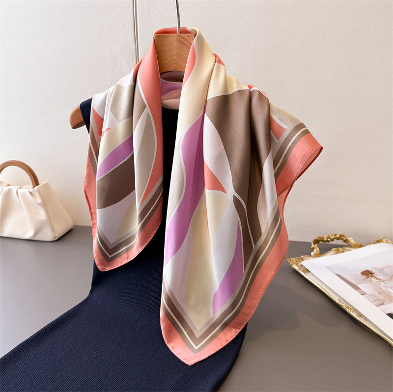 Retro Color Block Silk Scarf In Multicolor Polyester, Perfect For Summer