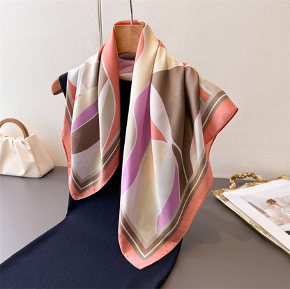 Retro Color Block Silk Scarf In Multicolor Polyester, Perfect For Summer