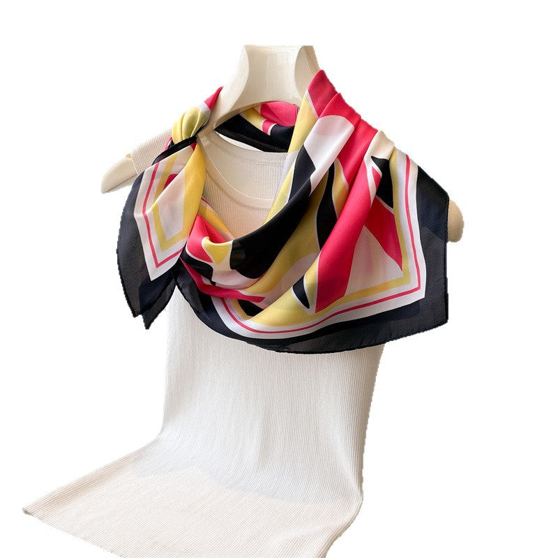 Retro Color Block Silk Scarf In Multicolor Polyester, Perfect For Summer