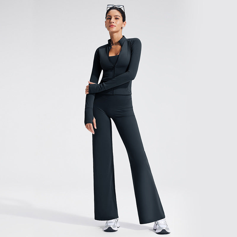 Sport Yoga Jumpsuit For Women In Stretchy Nylon Fabric With Zipper, Long Sleeve Design For Summer