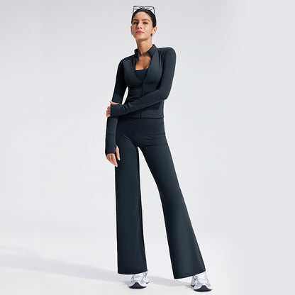 Sport Yoga Jumpsuit For Women In Stretchy Nylon Fabric With Zipper, Long Sleeve Design For Summer
