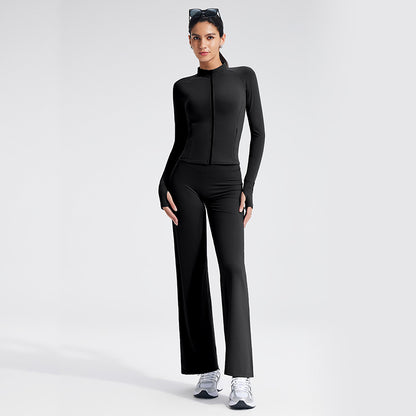 Sport Yoga Jumpsuit For Women In Stretchy Nylon Fabric With Zipper, Long Sleeve Design For Summer