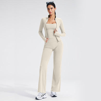 Sport Yoga Jumpsuit For Women In Stretchy Nylon Fabric With Zipper, Long Sleeve Design For Summer