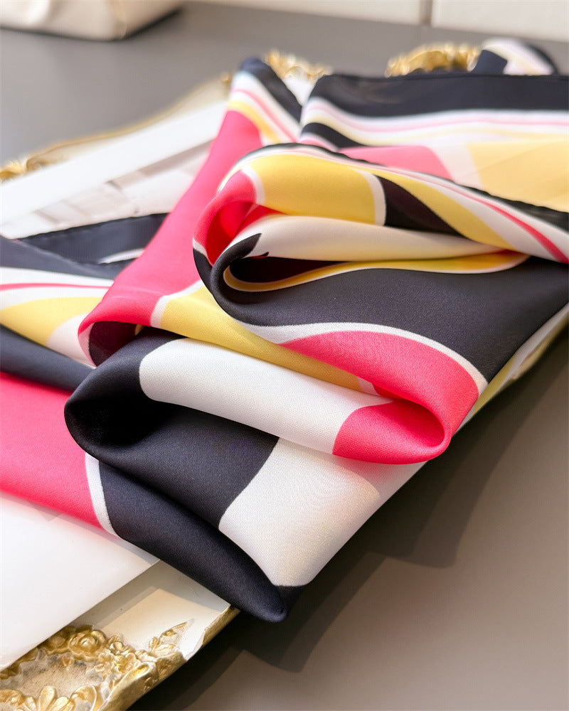 Retro Color Block Silk Scarf In Multicolor Polyester, Perfect For Summer