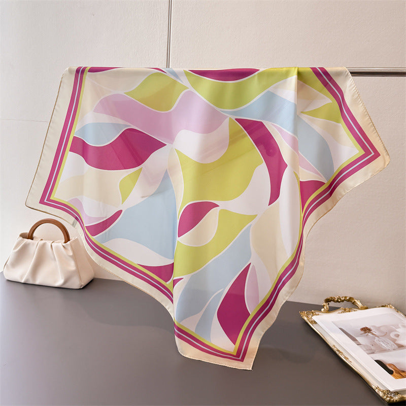 Retro Color Block Silk Scarf In Multicolor Polyester, Perfect For Summer
