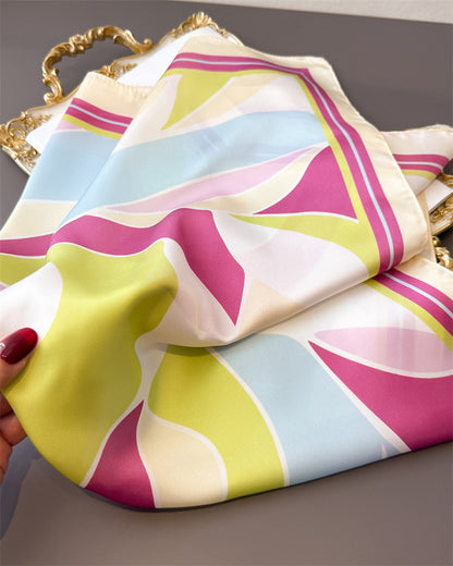 Retro Color Block Silk Scarf In Multicolor Polyester, Perfect For Summer