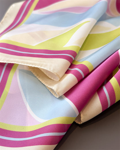 Retro Color Block Silk Scarf In Multicolor Polyester, Perfect For Summer