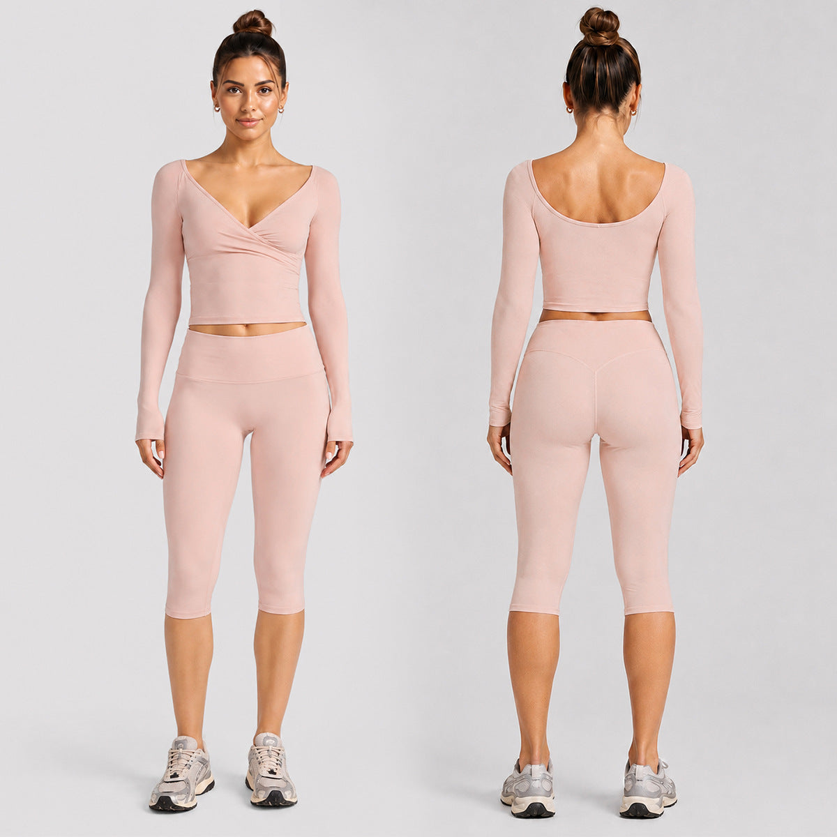 Sporty Calf-Length Yoga Jumpsuit For Women In Stretchy Nylon Fabric Featuring Criss Cross Design With Long Sleeves