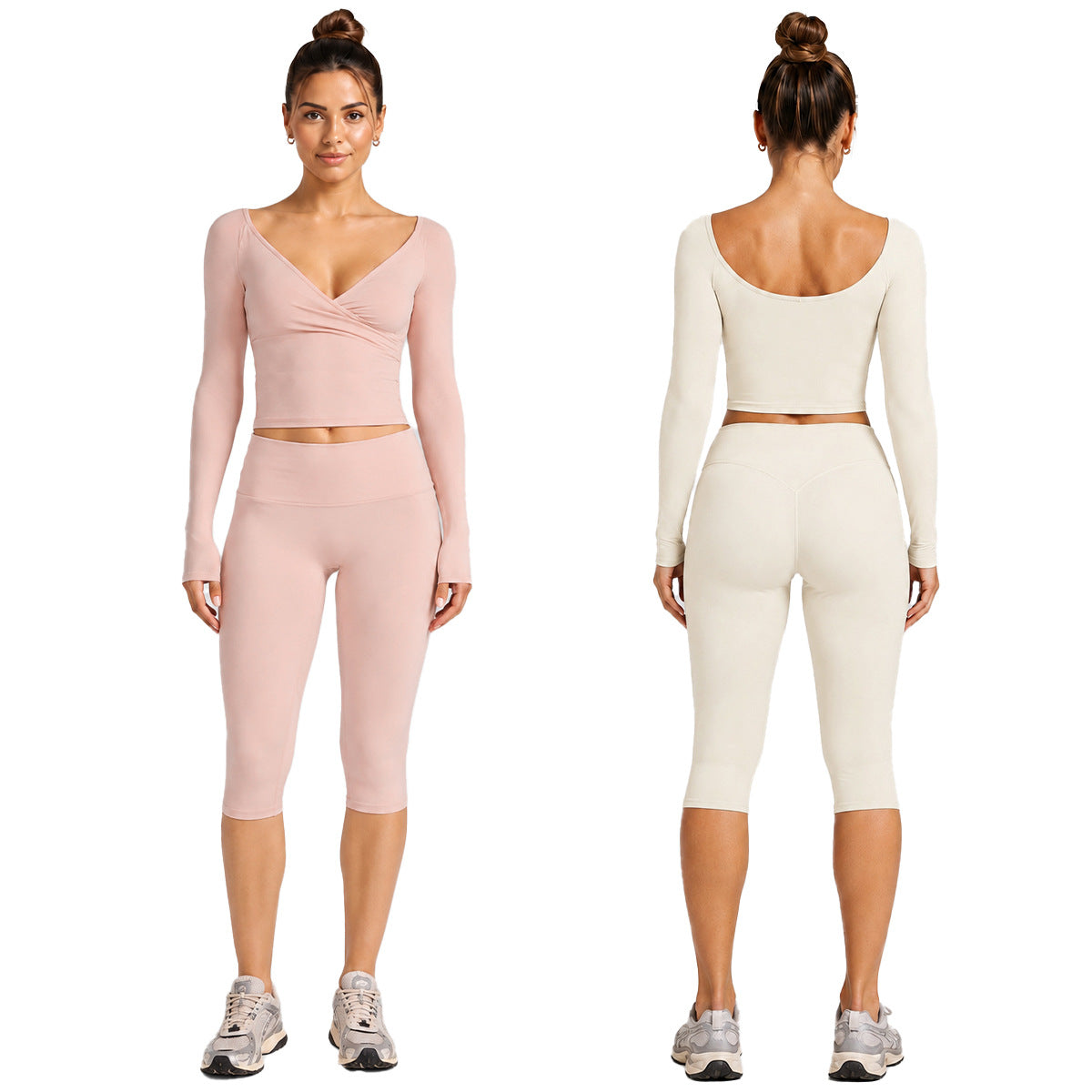 Sporty Calf-Length Yoga Jumpsuit For Women In Stretchy Nylon Fabric Featuring Criss Cross Design With Long Sleeves