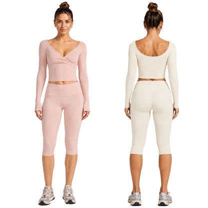 Sporty Calf-Length Yoga Jumpsuit For Women In Stretchy Nylon Fabric Featuring Criss Cross Design With Long Sleeves