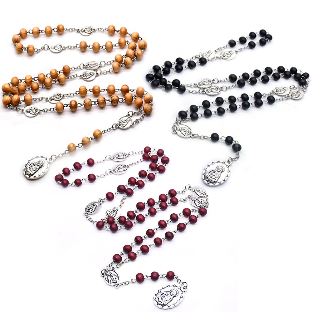 Maillard Style Wine Red Wood Cross Long Necklace With Electroplated Finish And Alloy Pendant On Ball Chain