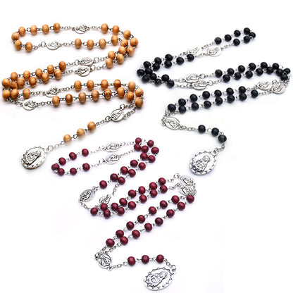 Maillard Style Wine Red Wood Cross Long Necklace With Electroplated Finish And Alloy Pendant On Ball Chain