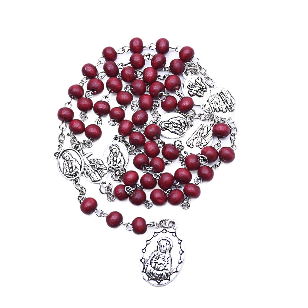 Maillard Style Wine Red Wood Cross Long Necklace With Electroplated Finish And Alloy Pendant On Ball Chain