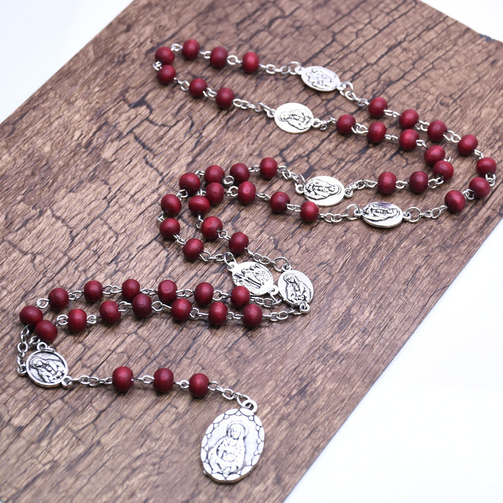 Maillard Style Wine Red Wood Cross Long Necklace With Electroplated Finish And Alloy Pendant On Ball Chain