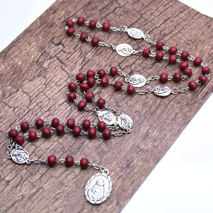 Maillard Style Wine Red Wood Cross Long Necklace With Electroplated Finish And Alloy Pendant On Ball Chain