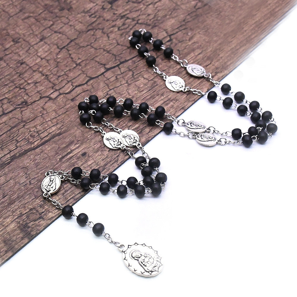 Maillard Style Wine Red Wood Cross Long Necklace With Electroplated Finish And Alloy Pendant On Ball Chain