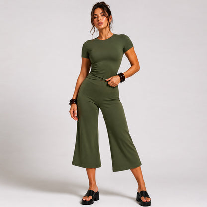 Sporty Calf-Length Running Jumpsuit For Women In Nylon Fabric Featuring Wide Leg Pants Design For Summer