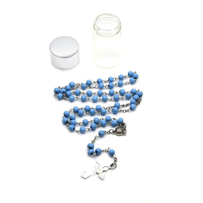Maillard Style Cross Rosary Necklace With Blue Stoving Varnish Plastic And Wood Pendant On Ball Chain