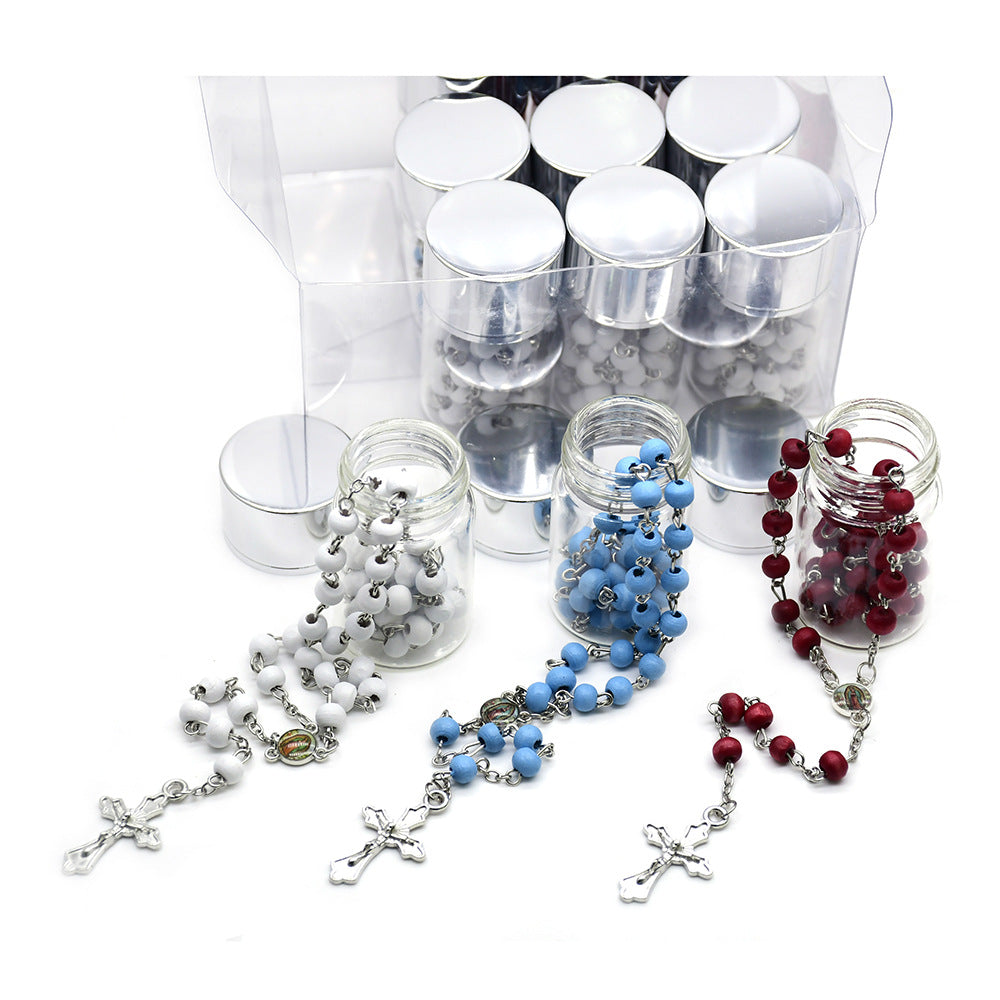 Maillard Style Cross Rosary Necklace With Blue Stoving Varnish Plastic And Wood Pendant On Ball Chain