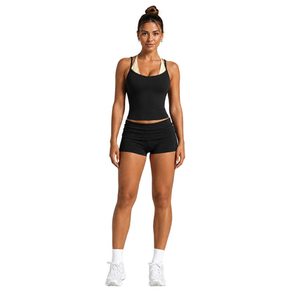 Sport Running Shorts For Women In Nylon Fabric Featuring A Backless Design With Stretchy, Sleeveless Fit