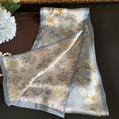 Sweet Silk Flowers Pattern Scarf For Women In Blue, Perfect For Spring & Summer