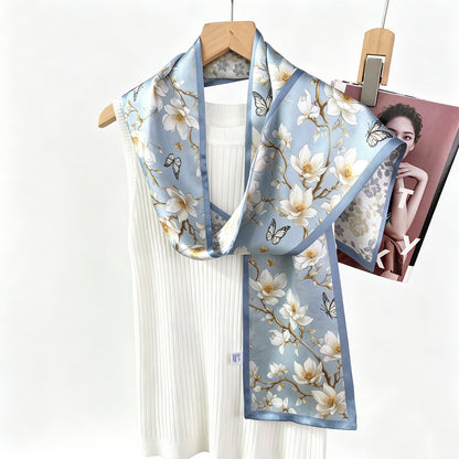 Sweet Silk Flowers Pattern Scarf For Women In Blue, Perfect For Spring & Summer